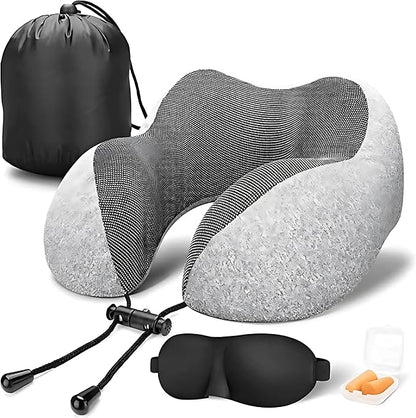 Travel Neck Pillow for Airplane – 100% Pure Memory Foam Neck Support Pillow with Breathable & Washable Cover, Fleight Kit with 3D Contoured Eye Mask, Earplugs & Carry Bag for Comfortable Sleep