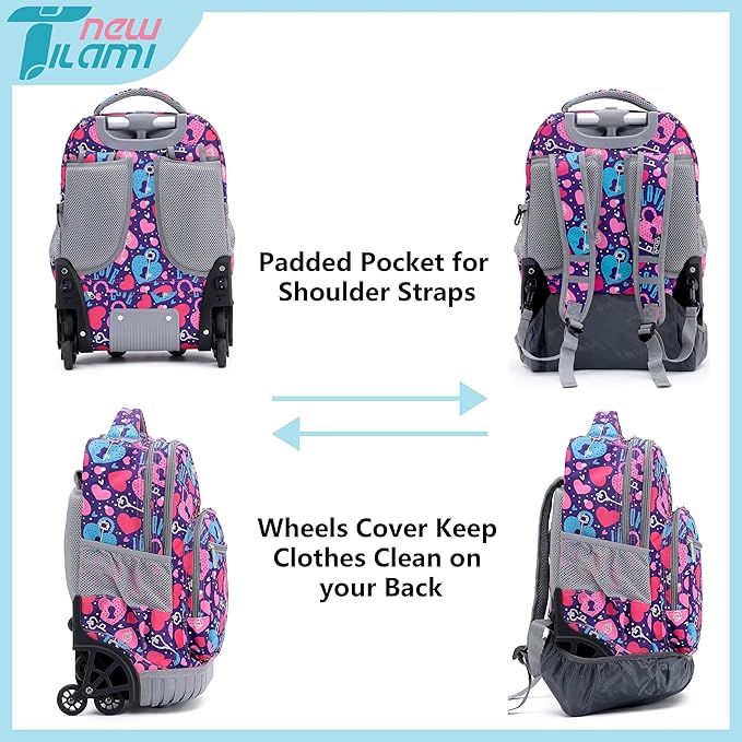 NEW TILAMI 18 Inch Rolling Backpack with Wheels for Girls Boys Kids Laptop Backpack School Travel, Pink Love key