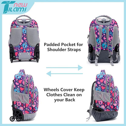 NEW TILAMI 18 Inch Rolling Backpack with Wheels for Girls Boys Kids Laptop Backpack School Travel, Pink Love key
