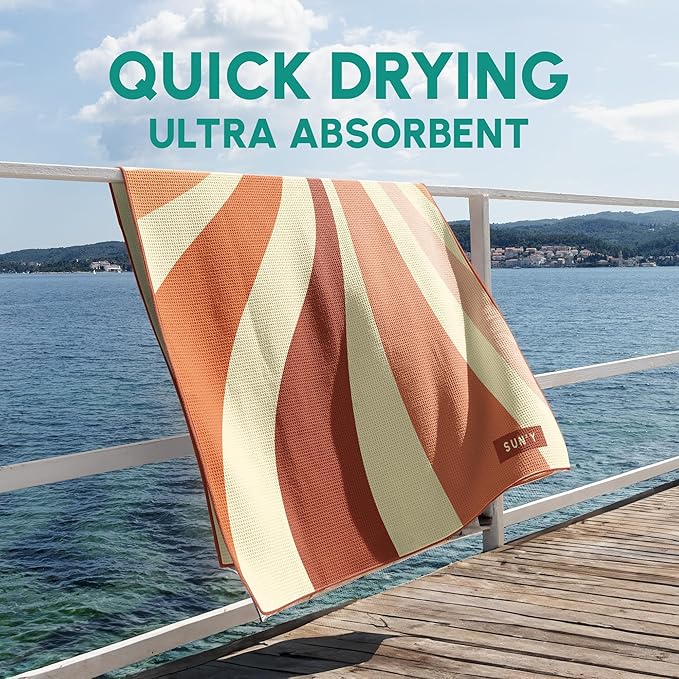 SUN'Y Waffle Microfiber Beach Towel – Sand Free, Quick Dry, Ultra Absorbent, Lightweight & Compact Travel Towel with Carry Bag - Large (63” x 31.5”), Rays