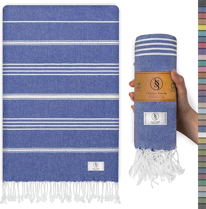 Turkish Beach Towel Compact & Luxury Extra Large (39" x 71") - Quick Dry, Versatile and Functional as Yoga Mat, Airplane and Travel Blanket, Bath and Body Towels - Sax Blue