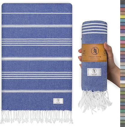 Turkish Beach Towel Compact & Luxury Extra Large (39" x 71") - Quick Dry, Versatile and Functional as Yoga Mat, Airplane and Travel Blanket, Bath and Body Towels - Sax Blue