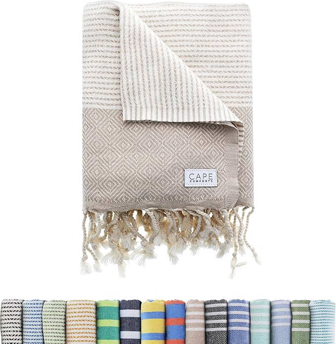 Large Turkish Beach Towel, Diamond Dobby Beige - 37'' x 67'' - Super Soft & Lightweight | Quick Dry Sand Free Travel Towels for Beach or Bath | Gifts