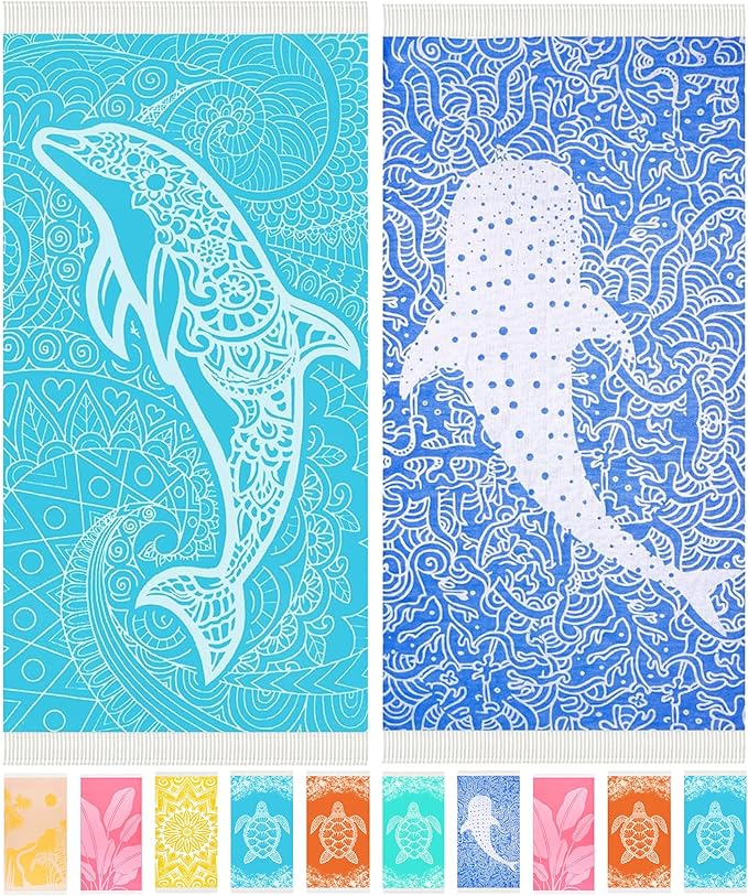 Antfuny 2 Pack Turkish Beach Towels Quick Dry Sand Free Soft Absorbent Adult Bath Pool Swim Stripe Towel Cloud Linen Sandfree Mat Summer Thing Lightweight Thin Travel Blue Fish Dolphins