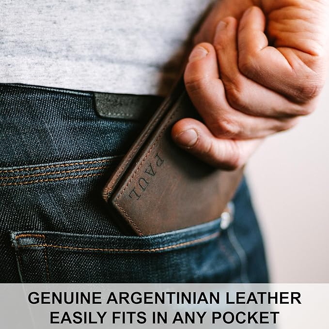 STAY FINE Personalized Wallet for Men, Custom Engraved Leather RFID Blocking Bifold, 2 ID Windows, 8 Card Slots, Gift for Him, Brown