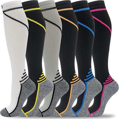 fenglaoda Compression Socks Women Men 6 Pairs, Knee High Best Support Circulation Socks for Running, Travel, Flight, Nurse