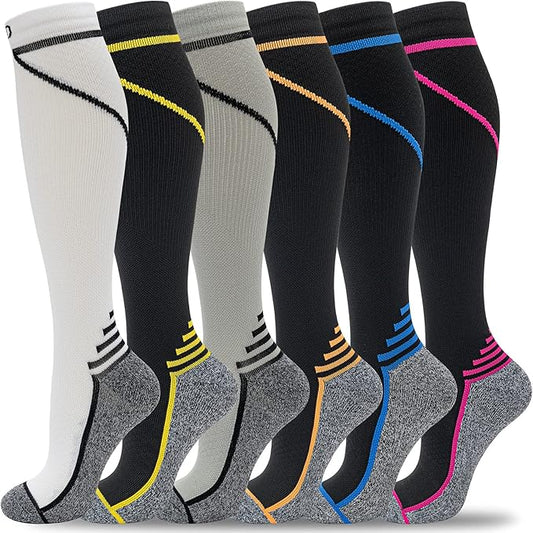 fenglaoda Compression Socks Women Men 6 Pairs, Knee High Best Support Circulation Socks for Running, Travel, Flight, Nurse