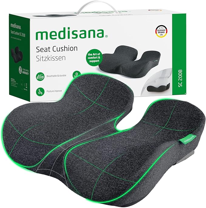 Medisana Seat Cushion, SC 200B Seat Cushions for Office Chairs, Car Seat, Wheelchair - Sciatica & Tailbone & Coccyx Pain Relief Pillow for Driver Sedentary People（Size:22.8 * 16.5 * 4.3 in-Black）