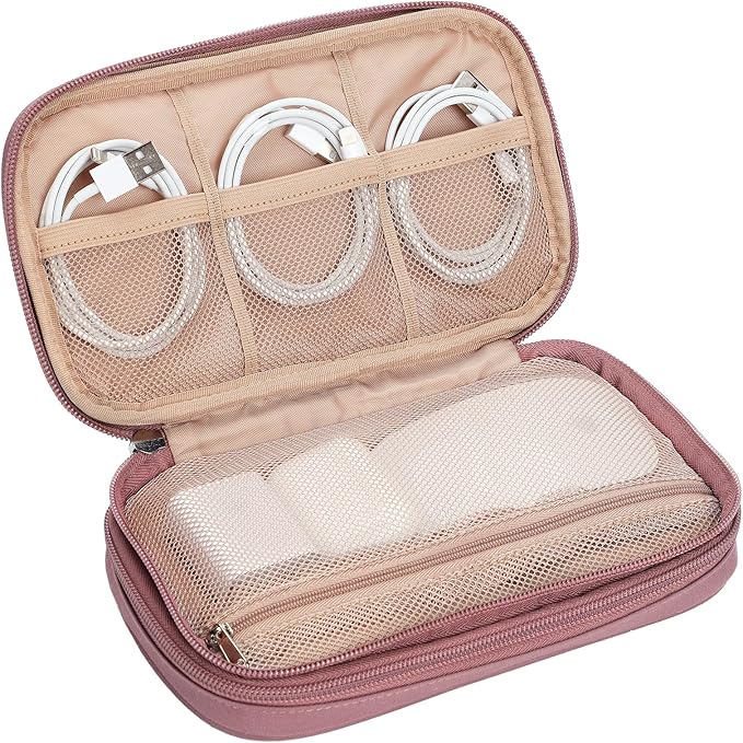NISHEL Travel Cord Organizer Case, Double Layers Tech Electronic Case, Travel Essentials for Charger, Cable, Phone, Flash drive, Medium, Rose-wood Pink