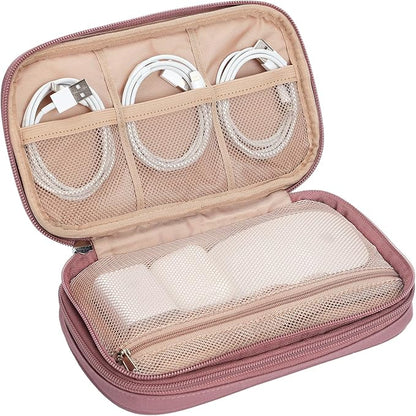 NISHEL Travel Cord Organizer Case, Double Layers Tech Electronic Case, Travel Essentials for Charger, Cable, Phone, Flash drive, Medium, Rose-wood Pink