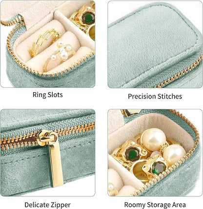 TAIMY Mini Jewelry Travel Case, Velvet Small Travel Jewelry Box, Portable Jewelry Travel Organizer Box for Rings Earrings Necklaces, Gifts for Women Girls(Mint)