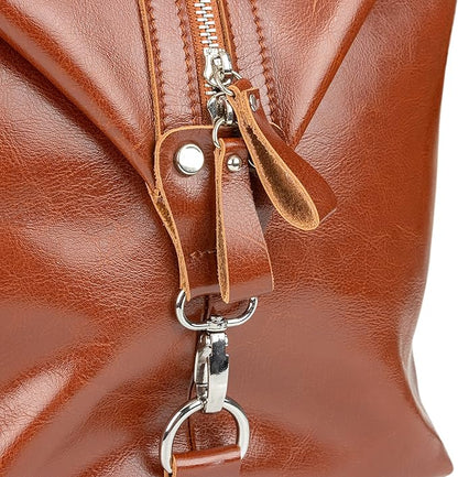 Travel Leather Bag - Genuine Duffel Bag Overnight Weekender for Men & Women (Brown)