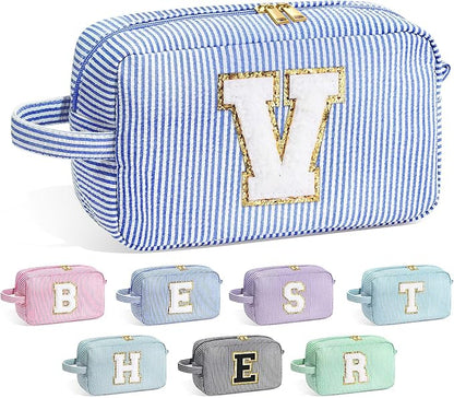 YOOLIFE Blue Cosmetic Travel Makeup Bag - Monogram Cute Initial Makeup Bags Cosmetic Toiletry Pouch Make Up Case for Women Her Best Friend Friendship Teacher, Personalized Birthday Gifts for Women V