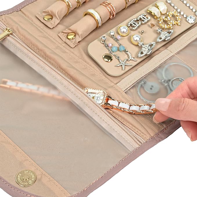 Pavilia Foldable Jewelry Organizer - Travel Roll Bag with Compartments for Earrings, Rings, Necklaces, Bracelets - Packing Accessory
