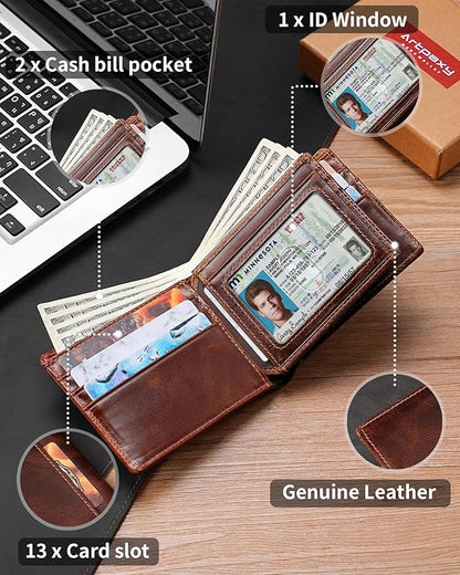 Mens Wallet Bifold Genuine Leather RFID Blocking Wallet for Men with 1 ID Windows 13 Card Holders 2 cash pockets 1 Gift Box