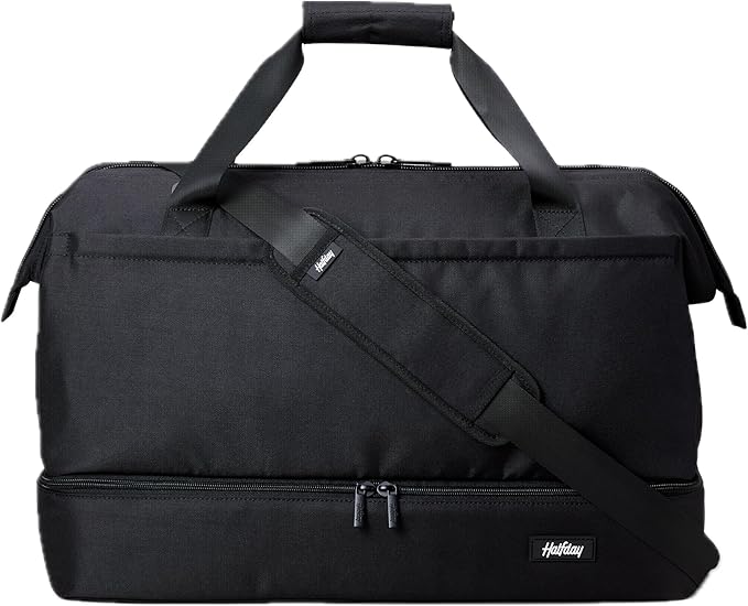 Halfday Double Decker Weekender Bag 40L | Designed for Easy Packing & Storage (Padded Strap, Zippered Bottom Compartment, Interior Mesh Pockets, Trolley Sleeve, Water-Resistant Fabric), Jet