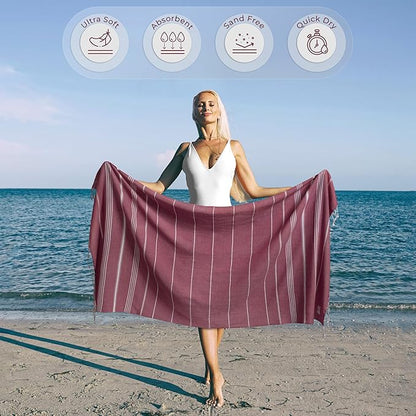 Turkish Beach Towel Lightweight & Striped Extra Large (39" x 71") - Quick Dry, Versatile and Functional as Bath, Yoga Mat, Gym Towel, Travel Blanket, Picnic Blanket - Burgundy