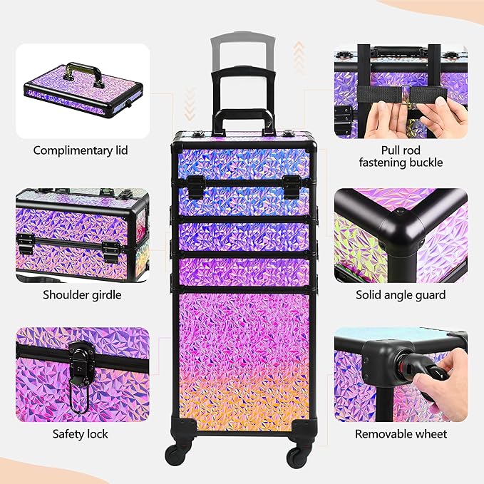 Rolling Makeup Case, Makeup Train Case with Lid, 5 in 1 Cosmetology Case on Wheels, Christmas Gift, Large Makeup Case Organizers, Profesional Cosmetic Case for Salon Barber,Black Colorful