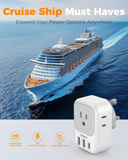 US to UK Plug Adapter 3 Pack, TESSAN Type G Adapter for Travel with 4 Outlets 3 USB Charger(1 USB C), Ireland Power Adaptor for USA to England London Scotland Dubai Singapore Hong Kong Qatar