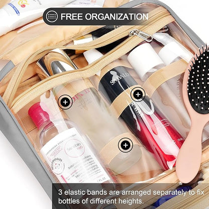 Travel Hanging Toiletry Bag for Women, Holds Full-Size Shampoo, with Jewelry Organizer Compartment, Extra Large Makeup Bag, Waterproof Cosmetic Bag, Toiletries Kit Set with Trolley Belt, Grey