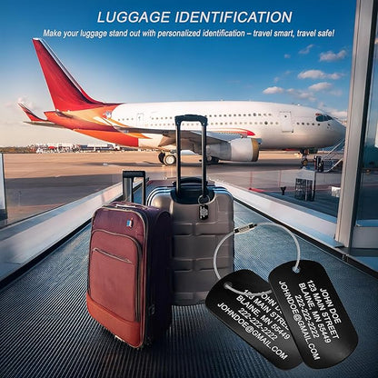 High Visibility Durable Anodized Aluminum Luggage Tags - 2 Pack, Customizable Travel ID Tag for Luggage, Golf Bags & More - Personalized Imprinted ID Tags (Black)