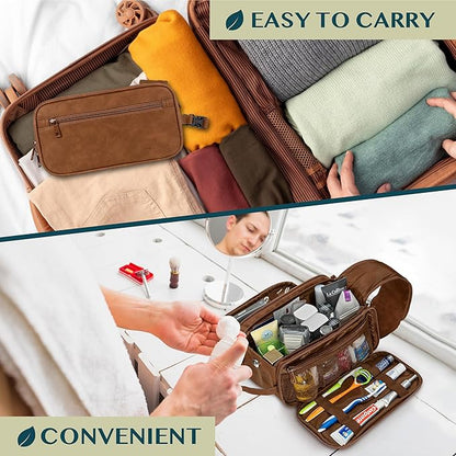 PAVILIA Toiletry Bag for Men Women, Mens Travel Bag Toiletries Organizer Case for Grooming, Travel Essentials Shaving Dopp Kit, PU Leather Water Resistant Cosmetic Pouch, Brown