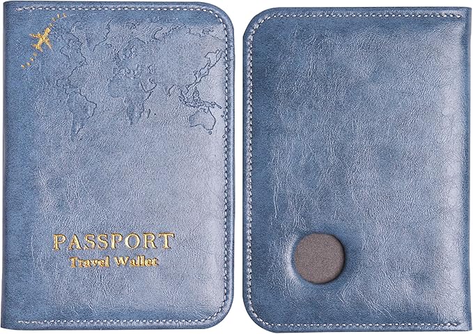 QIELIZI Passport Holder with Airtag Slot, Airtag Passport Wallet for Men Women, Slim Leather Passport Holder Case Family for Travel Anti-Lost(1-Grey Blue)
