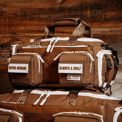 WOLFpak 20L Mini Duffle Bag for Gym & Travel | Waterproof Carry-On Weekender Bag with Shoe Compartment, Hard Bottom, and Tactical Molle System (Mocha Brown)