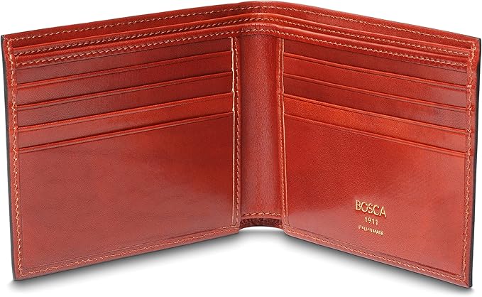 Bosca Men's Old Italian Leather Wallet RFID Blocking Modern Bifold Executive Design 8 Card Slots, Made in Italy - Cognac Brown
