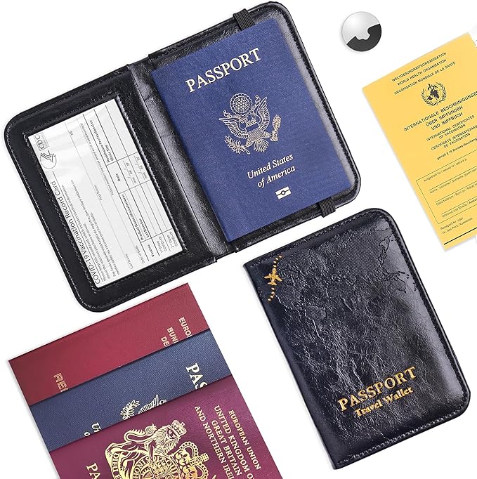 QIELIZI Passport Holder with Airtag Slot, Airtag Passport Wallet for Men Women, Slim Leather Passport Holder Case Family for Travel Anti-Lost(1-Black)