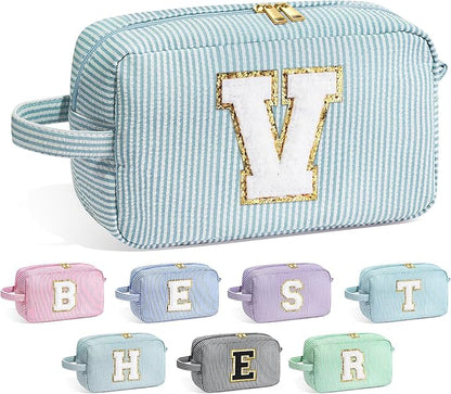 YOOLIFE Travel Makeup Cosmetic Bag - Monogram Cute Initial Makeup Bags Cosmetic Toiletry Bag Pouch Make Up Case for Women Her Best Friend Friendship Teacher, Personalized Birthday Gifts for Women V