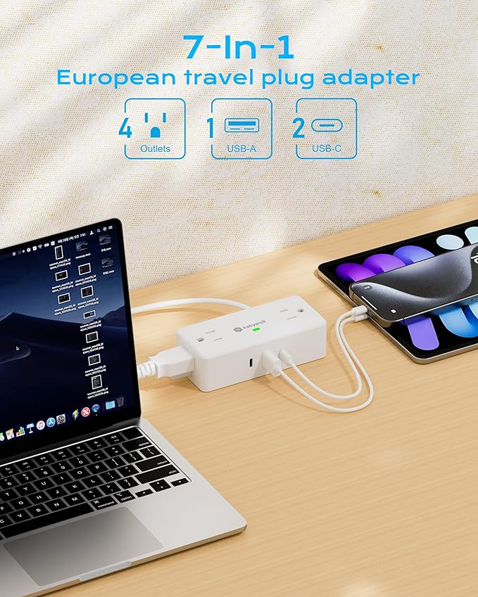 European Travel Plug Adapter, Type E F Plug Adapter, 4 AC Outlets, 3 USB Ports (2 USB C), 5ft Flat Extension Cord, for Germany France Travel