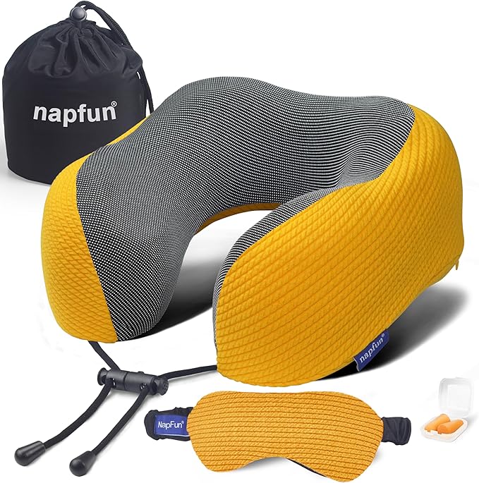 napfun Neck Pillow for Traveling, Upgraded Travel Neck Pillow for Airplane 100% Pure Memory Foam Travel Pillow for Flight Headrest Sleep, Portable Plane Accessories, Luxury Sets (Optional), Yellow