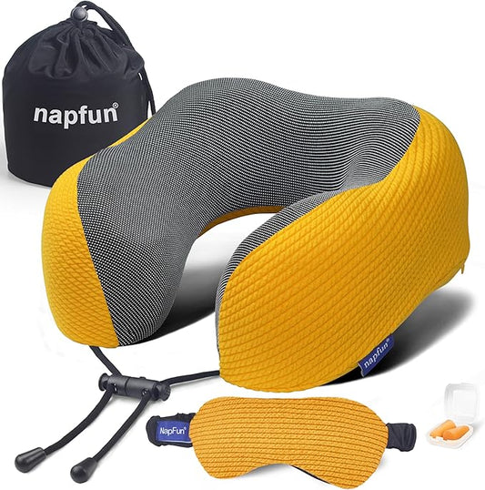 napfun Neck Pillow for Traveling, Upgraded Travel Neck Pillow for Airplane 100% Pure Memory Foam Travel Pillow for Flight Headrest Sleep, Portable Plane Accessories, Luxury Sets (Optional), Yellow