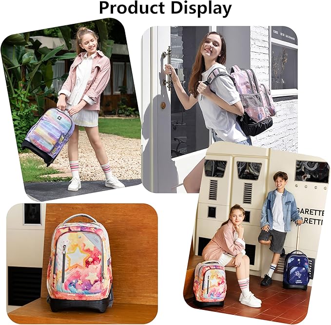 NEW TILAMI 18 Inch Rolling Backpack with Wheels for Girls Boys Kids Laptop Backpack School Travel, Orange Starshine