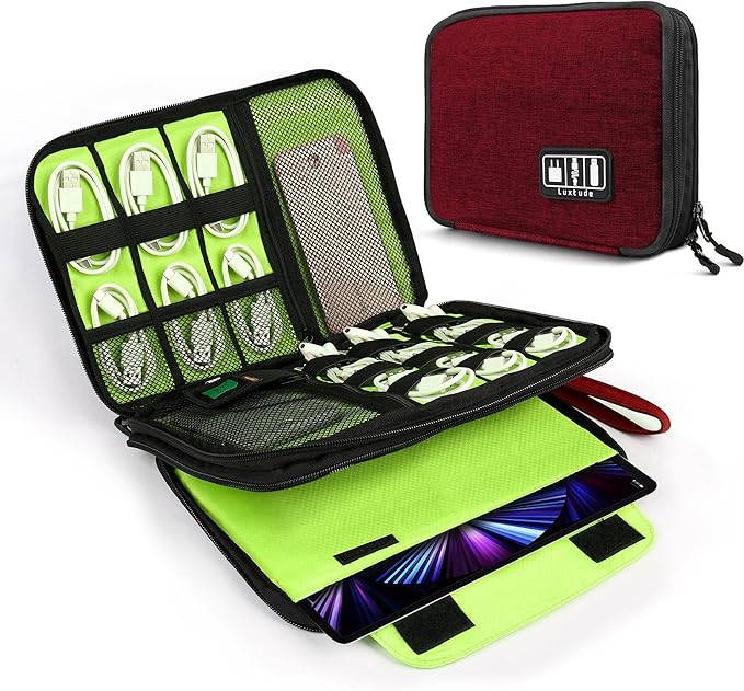 Luxtude Electronic Organizer Travel Case Large, Cord Organizer Travel, Large Cable Organizer Bag, Tech Bag for Cable Storage/Cord Storage/iPad Pro(up to 11")/Wall Charger/Electronic Accessories, Red