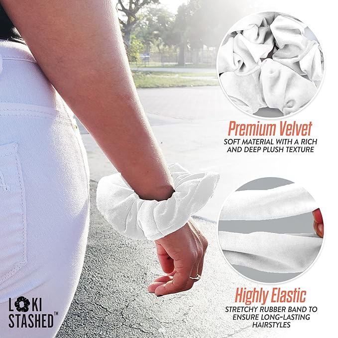 3-PACK Velvet Hair Tie Scrunchies for VSCO Girls & Women, THE ORIGINAL HIDDEN POCKET SCRUNCHIE with Zipper Pocket Storage, Accessories, Small Items, Keys, Money - Triple White Set