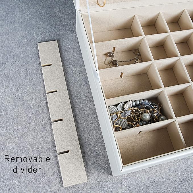 Frebeauty Earring Organizer Classic Jewelry Box 50 Slots Double Layer Jewelry Storage Case with 6 Necklace Hook and Bracelet Pocket(Pearl White)