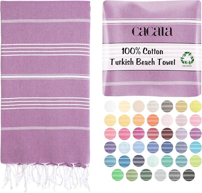 Cacala Lightweight and Thin Turkish Beach Towel 100% Cotton Sand-Free and Quick-Drying Goodness Perfect as an Extra Large Travel Towel, Beach Accessory, or Gift for Beach Lovers, 37 x 70