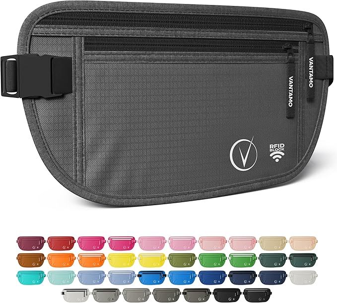 Vantamo Money Belt with RFID For Men & Women, Hidden Passport Holder for Travel, 2 Compartment Travel Fanny Pack for Women Anti Theft