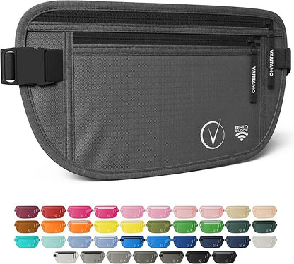 Vantamo Money Belt with RFID For Men & Women, Hidden Passport Holder for Travel, 2 Compartment Travel Fanny Pack for Women Anti Theft