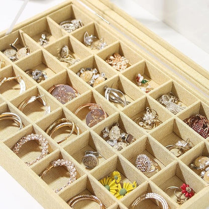 Coward Ring Earring Jewelry Organizer Box, 35 Grids Dustproof Display Holder Case, Yellow Linen Velvet Jewelry Bead Display Tray Case with Transparent Glass Lid for Momen Girls