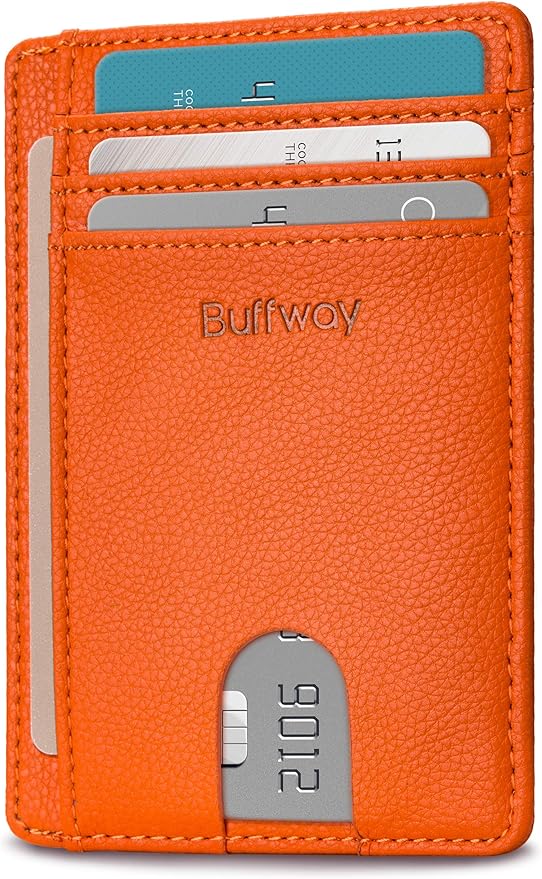 Buffway Slim Minimalist Front Pocket RFID Blocking Leather Wallets for Men and Women - Lichee Orange