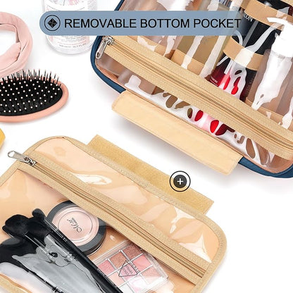 Travel Hanging Toiletry Bag for Women and Men, with 8 Leak Proofing Silicone Bottle Covers, Waterproof Makeup Accessories, Cosmetic Essentials, Toiletries Dopp Kit Set with Jewelry Organizer, Navy