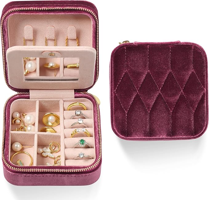 Travel Jewelry Organizer with Mirror – Rose Pink Velvet Organizer Adjustable Compartments for Necklaces, Rings | Portable Luxury Travel Jewelry Case for Women, Gift-Worthy Design