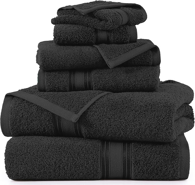 LANE LINEN Luxury Bath Towels Set - 6 Piece Set, 100% Cotton Bathroom Towels, Zero Twist, Quick Dry Shower Towels, Absorbent Bath Towel, Super Soft, 2 Bath Towels, 2 Hand Towels, 2 Wash Cloths - Black