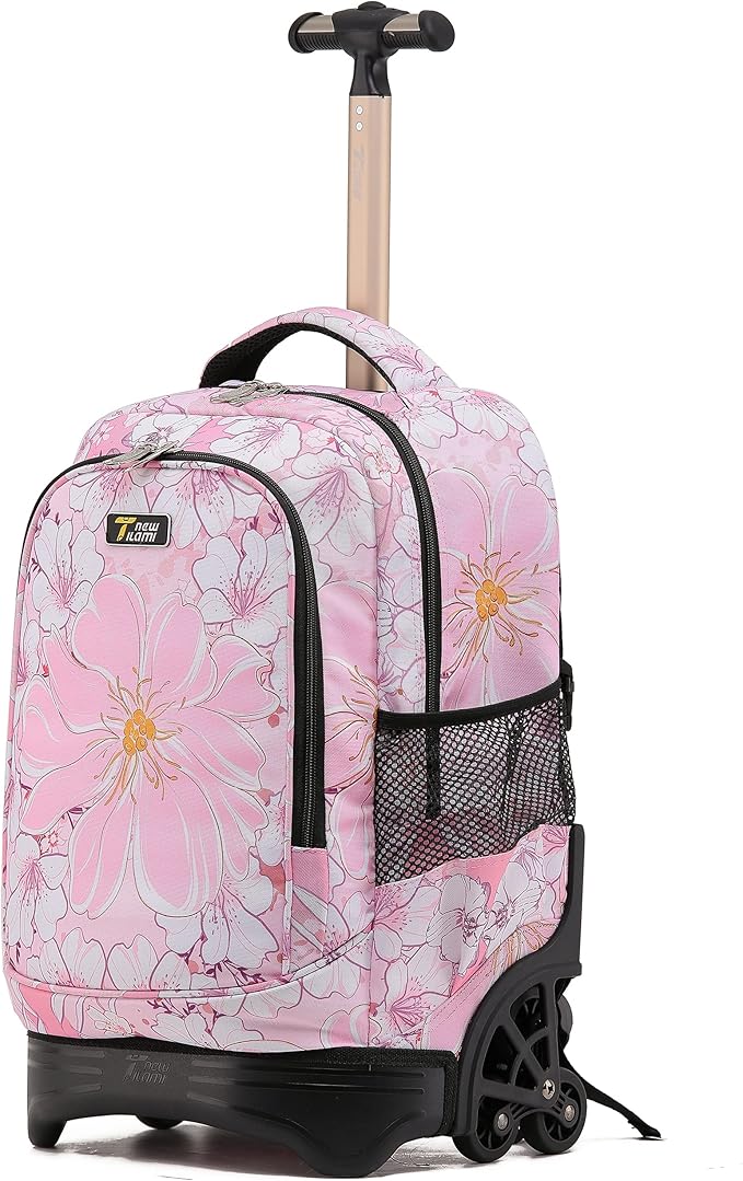 NEW TILAMI 18 Inch Rolling Backpack with Wheels for Girls Boys Kids Laptop Backpack School Travel, Pink Flowers