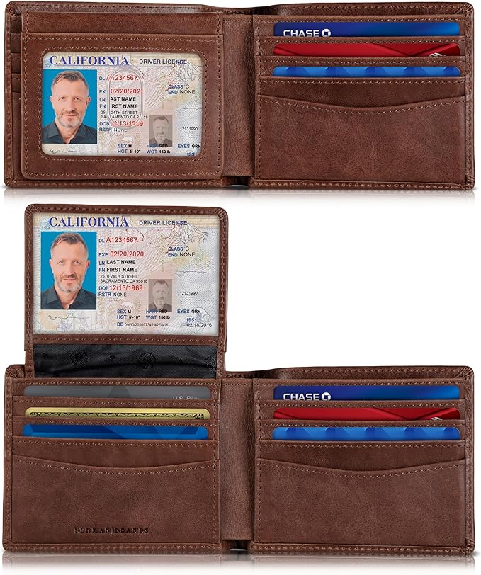 SERMAN BRANDS 2 ID Window Wallet for Men RFID Blocking Leather, Bifold Top Flip, Extra Capacity Travel Wallet