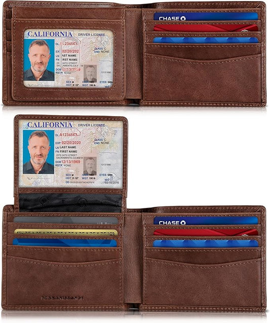SERMAN BRANDS 2 ID Window Wallet for Men RFID Blocking Leather, Bifold Top Flip, Extra Capacity Travel Wallet