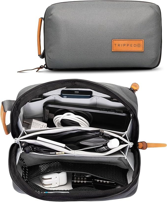 Tech Bag Organizer - Small Electronics Organizer Pouch for Travel - Premium Travel Case with Leather Accents - Mesh Pocket for Cables, Cords and Chargers (Grey)